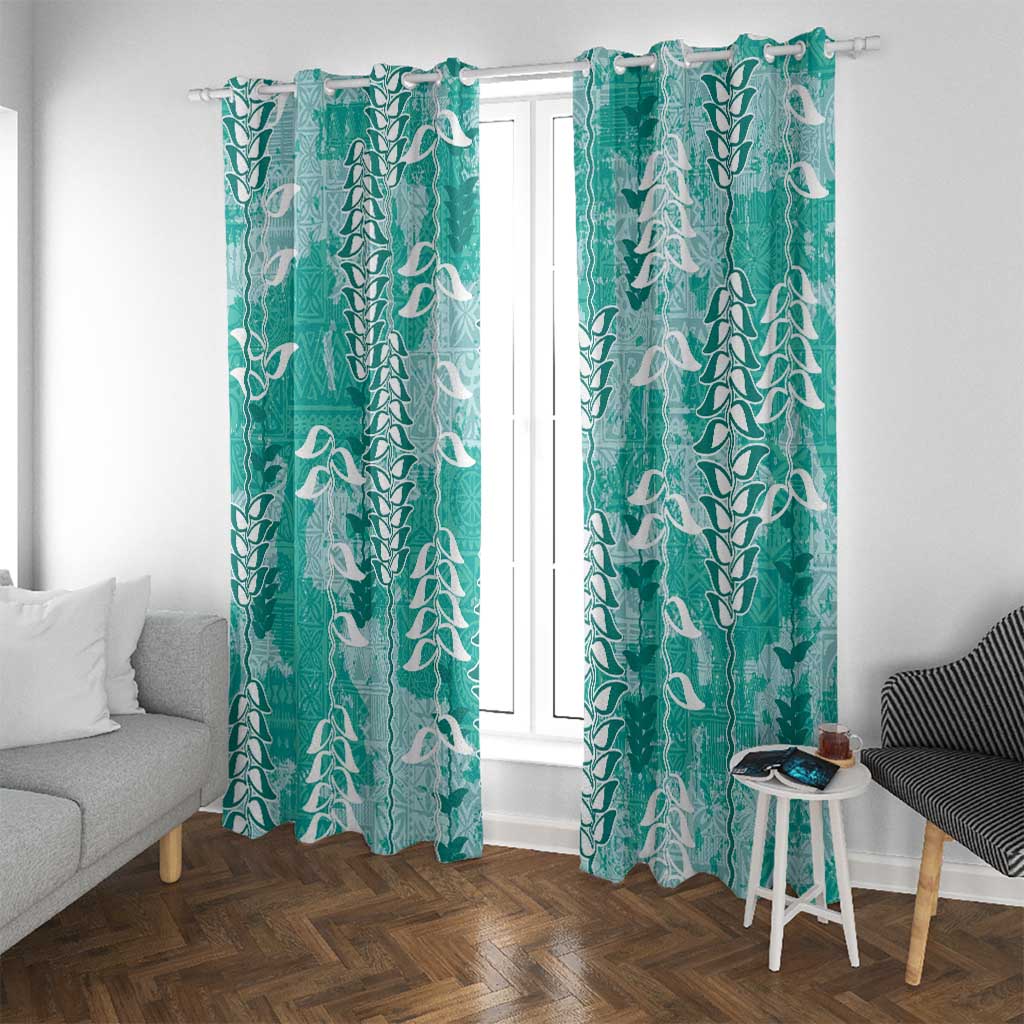 Teal Hawaii Tapa Pattern Window Curtain With Heliconia Vintage Style