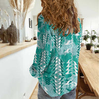 Teal Hawaii Tapa Pattern Women Casual Shirt With Heliconia Vintage Style