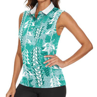 Teal Hawaii Tapa Pattern Women Sleeveless Polo Shirt With Heliconia Vintage Style