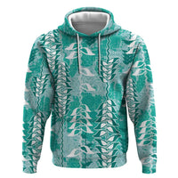 Teal Hawaii Tapa Pattern Zip Hoodie With Heliconia Vintage Style