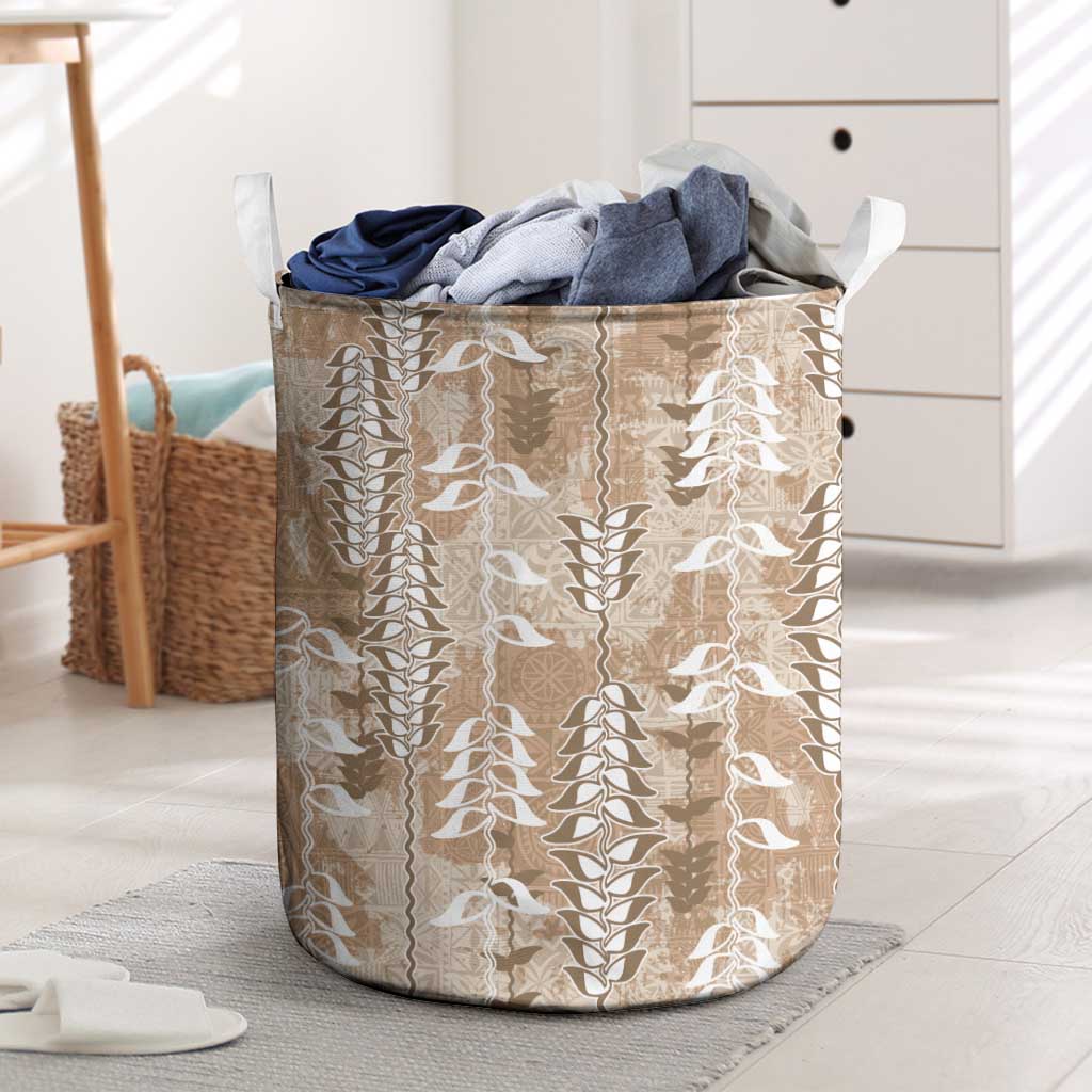 Beige Hawaii Tapa Pattern Laundry Basket With Heliconia Vintage Style