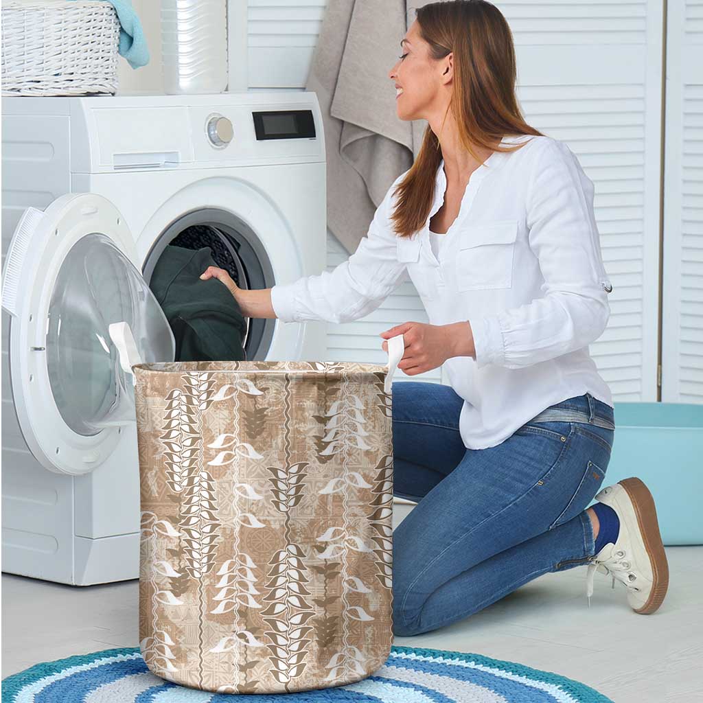 Beige Hawaii Tapa Pattern Laundry Basket With Heliconia Vintage Style