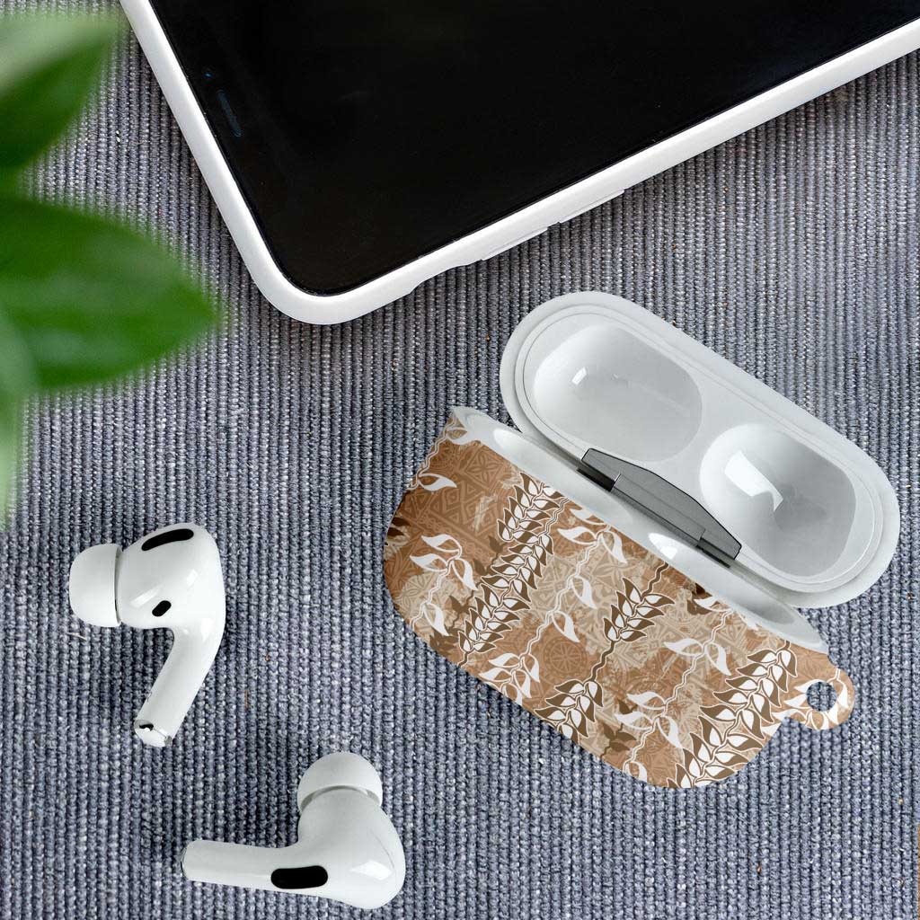 Beige Hawaii Tapa Pattern AirPods Case With Heliconia Vintage Style