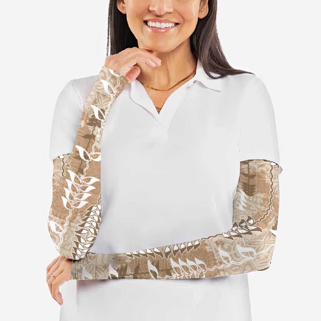Beige Hawaii Tapa Pattern Arm Sleeves With Heliconia Vintage Style