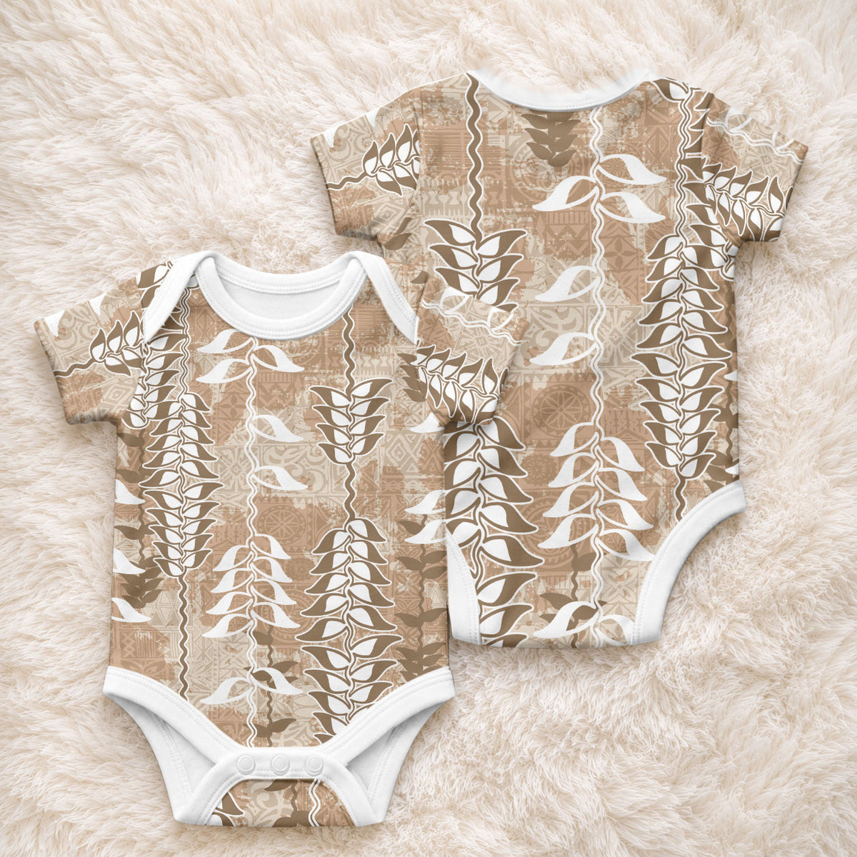 Beige Hawaii Tapa Pattern Baby Onesie With Heliconia Vintage Style LT05 - Polynesian Pride