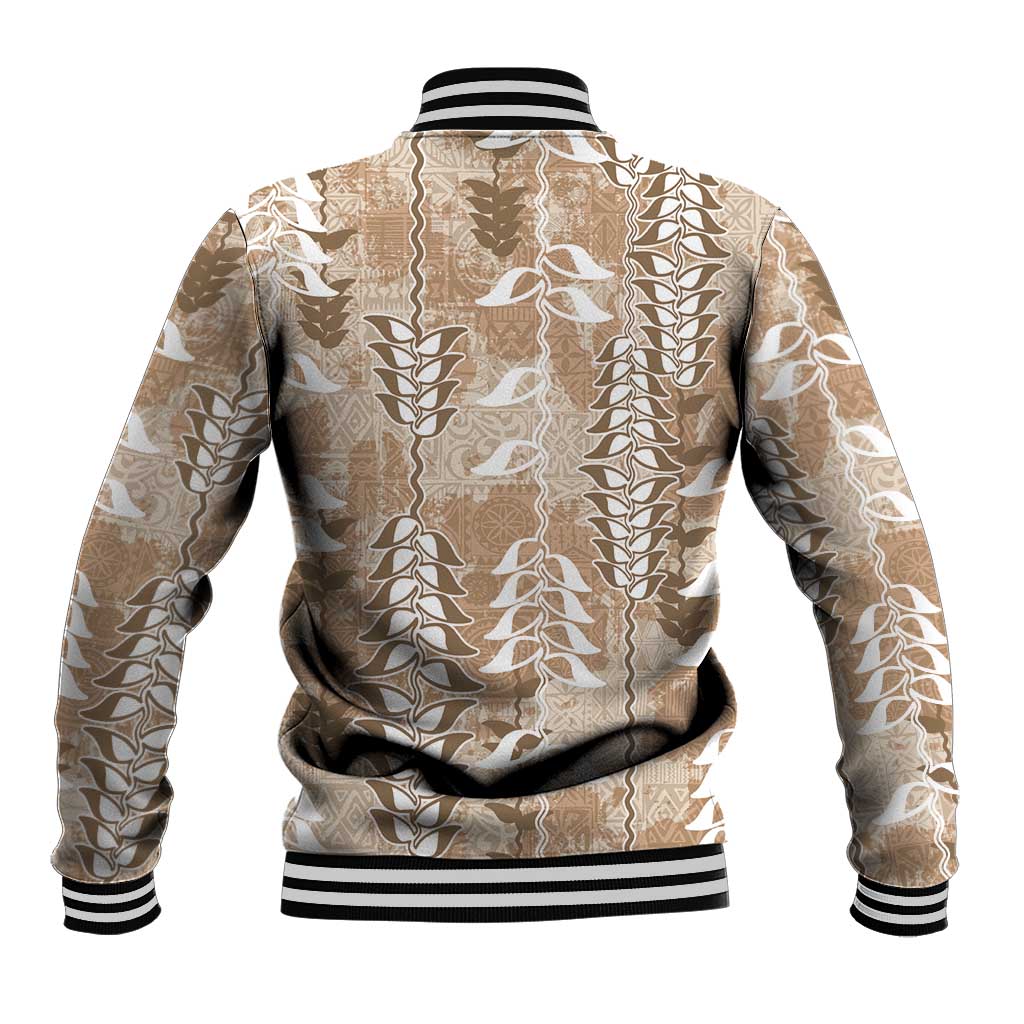Beige Hawaii Tapa Pattern Baseball Jacket With Heliconia Vintage Style