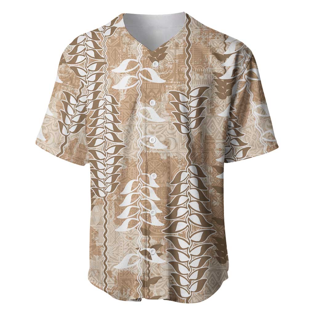 Beige Hawaii Tapa Pattern Baseball Jersey With Heliconia Vintage Style