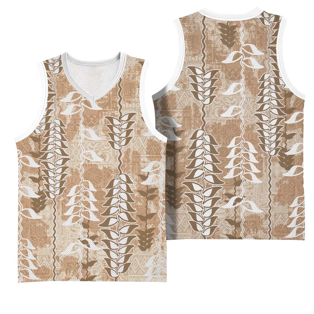 Beige Hawaii Tapa Pattern Basketball Jersey With Heliconia Vintage Style