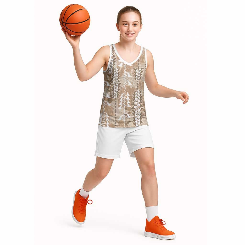 Beige Hawaii Tapa Pattern Basketball Jersey With Heliconia Vintage Style