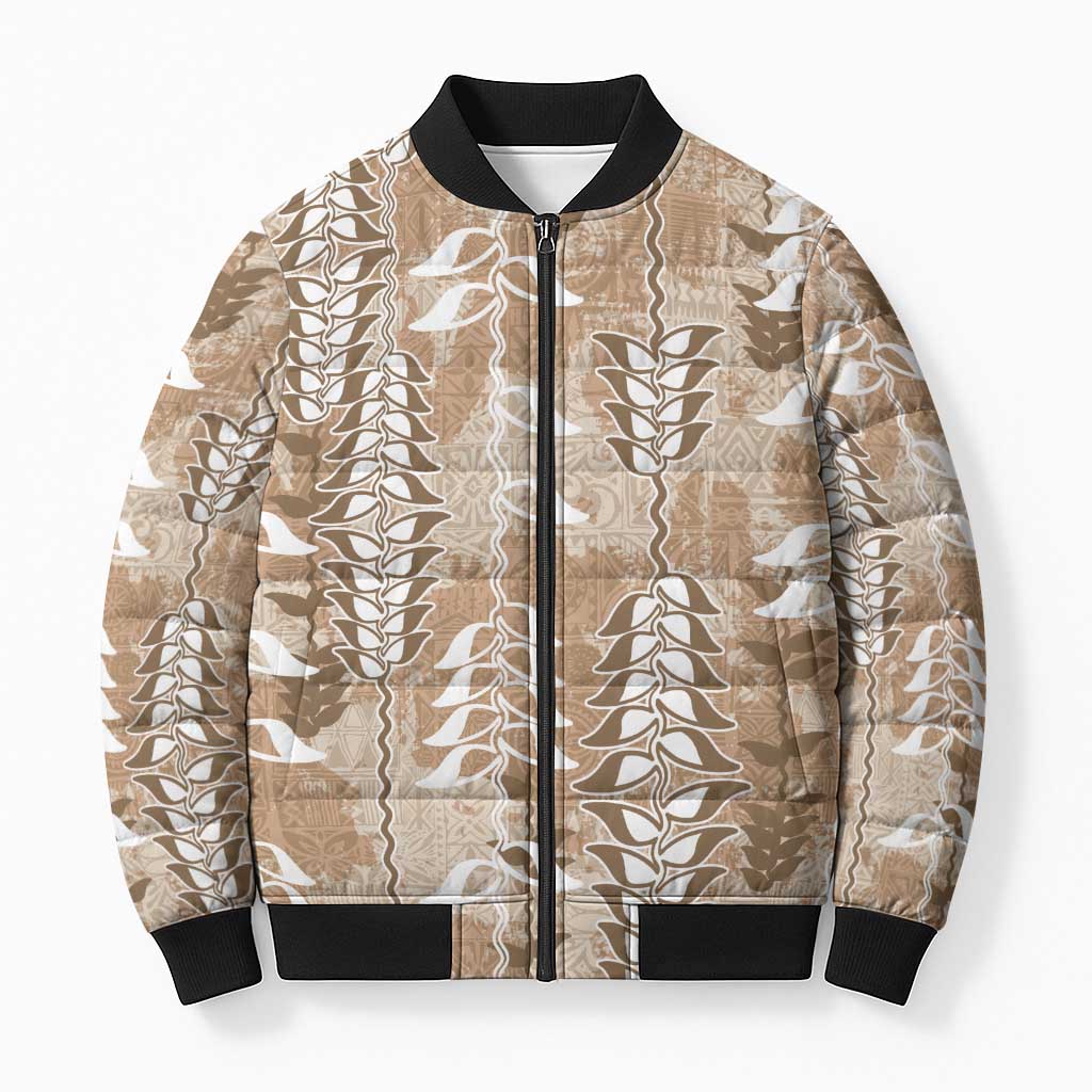 Beige Hawaii Tapa Pattern Bomber Puffer Jacket With Heliconia Vintage Style