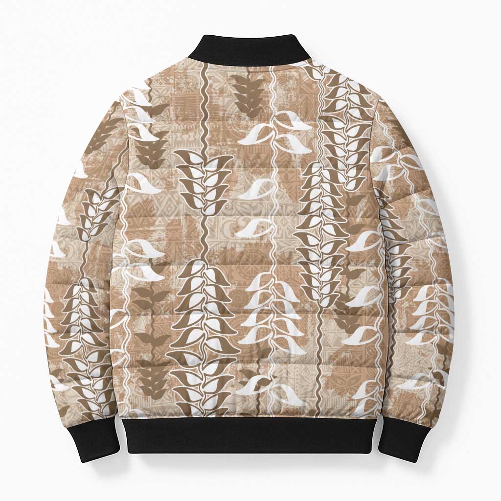 Beige Hawaii Tapa Pattern Bomber Puffer Jacket With Heliconia Vintage Style