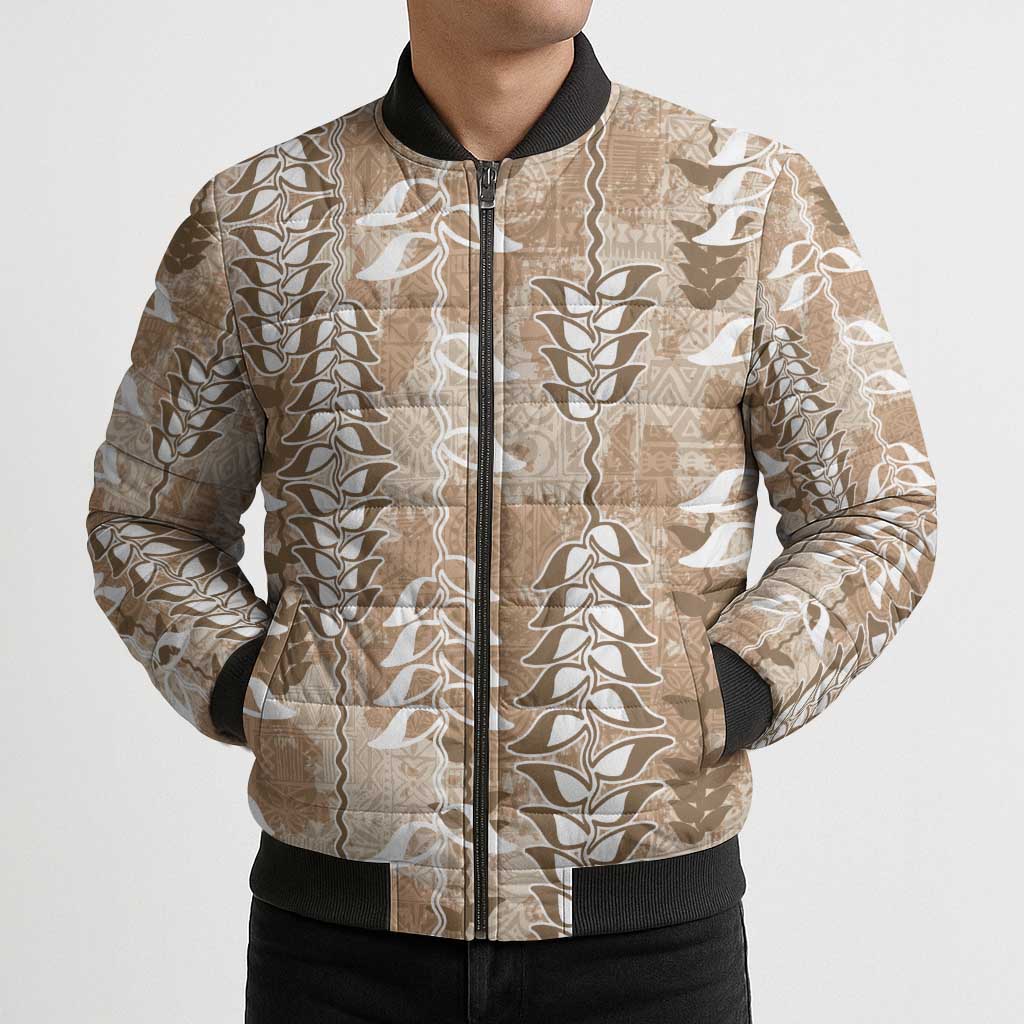 Beige Hawaii Tapa Pattern Bomber Puffer Jacket With Heliconia Vintage Style