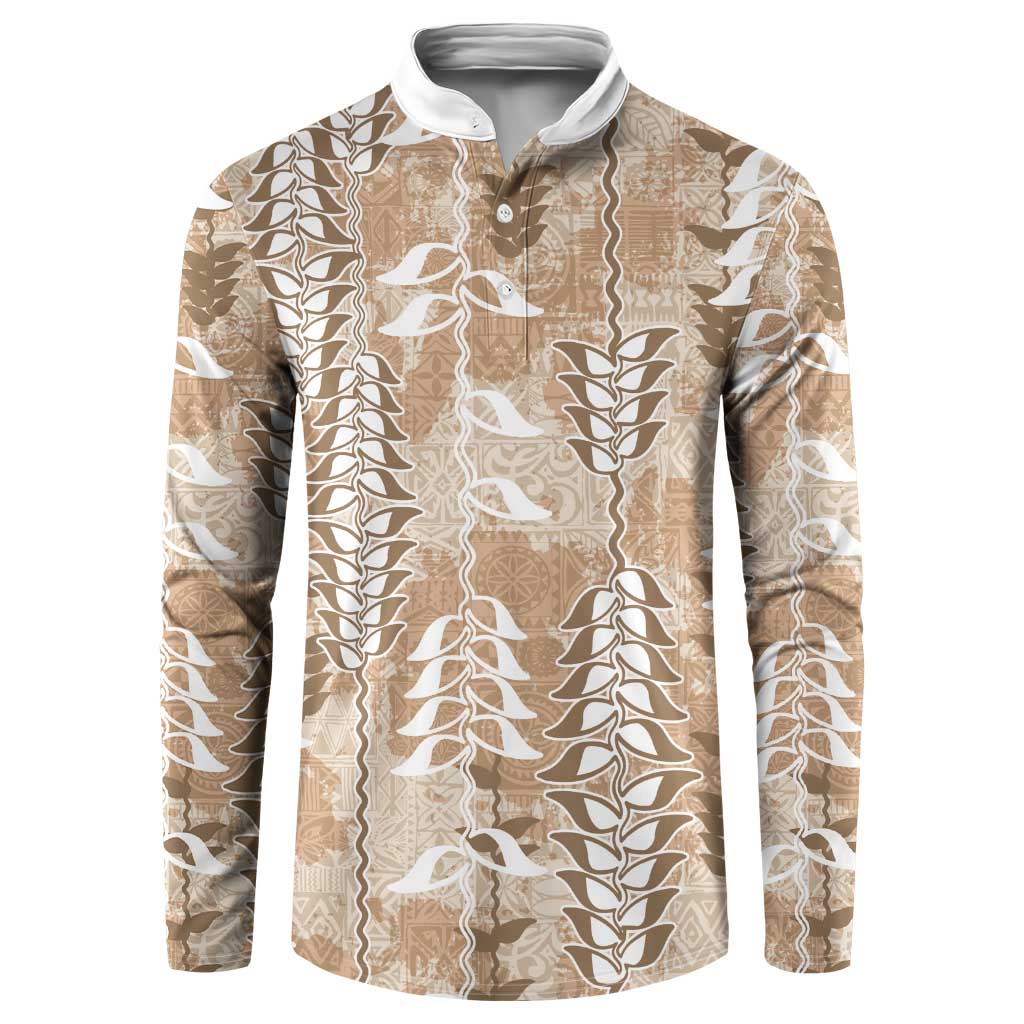 Beige Hawaii Tapa Pattern Button Sweatshirt With Heliconia Vintage Style