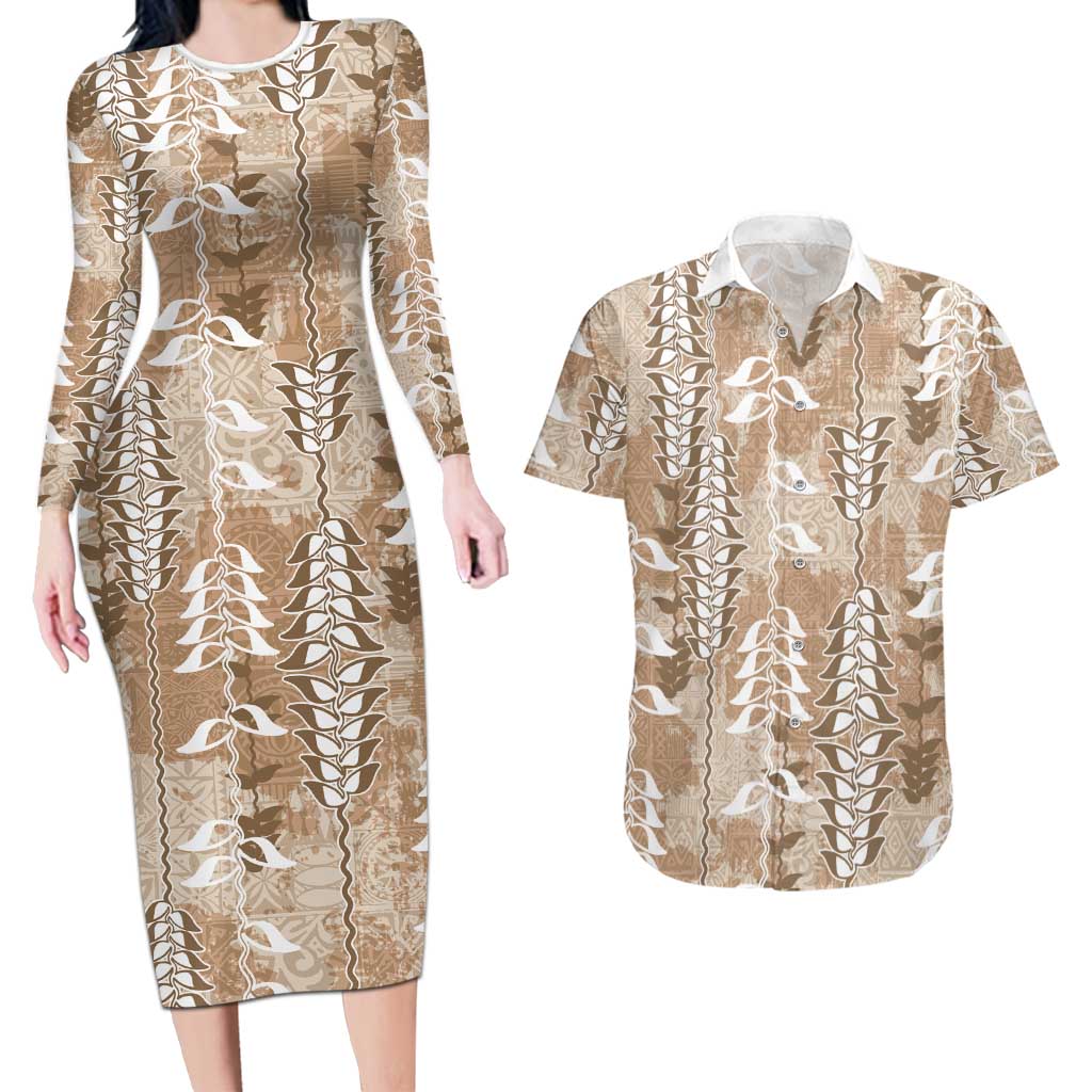 Beige Hawaii Tapa Pattern Couples Matching Long Sleeve Bodycon Dress and Hawaiian Shirt With Heliconia Vintage Style