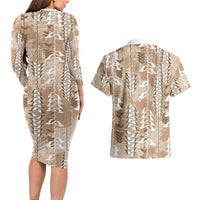 Beige Hawaii Tapa Pattern Couples Matching Long Sleeve Bodycon Dress and Hawaiian Shirt With Heliconia Vintage Style