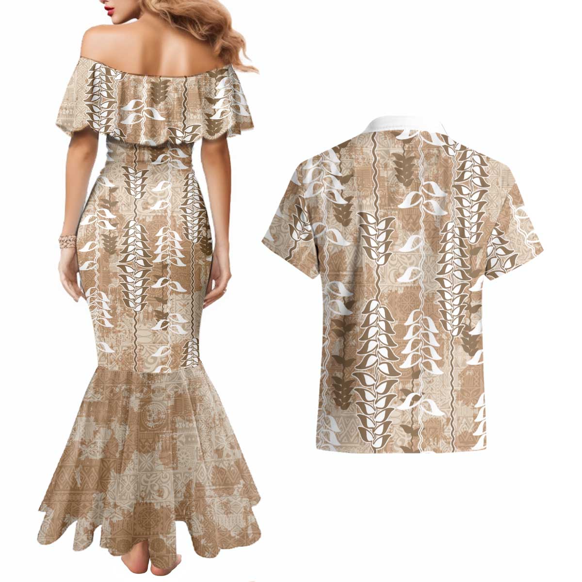 Beige Hawaii Tapa Pattern Couples Matching Mermaid Dress and Hawaiian Shirt With Heliconia Vintage Style