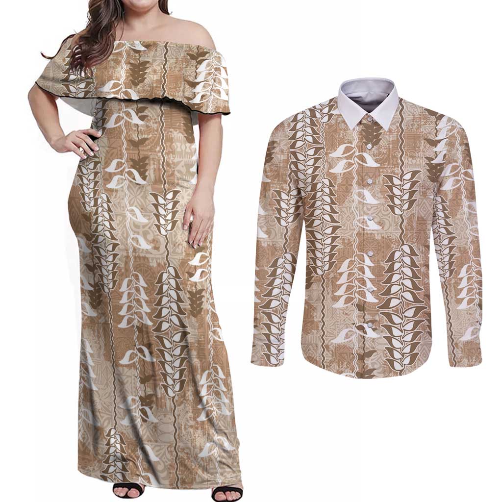 Beige Hawaii Tapa Pattern Couples Matching Off Shoulder Maxi Dress and Long Sleeve Button Shirt With Heliconia Vintage Style