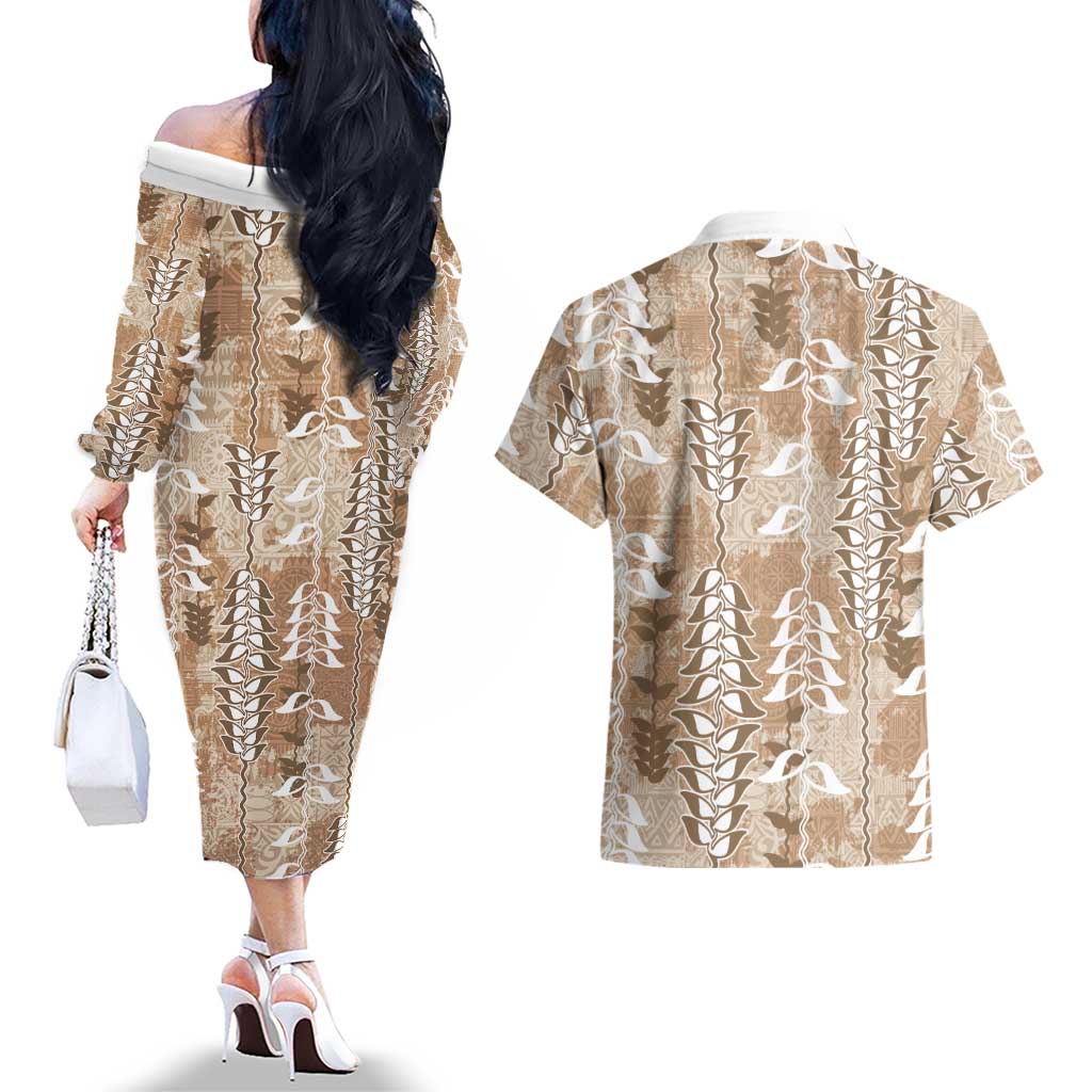 Beige Hawaii Tapa Pattern Couples Matching Off The Shoulder Long Sleeve Dress and Hawaiian Shirt With Heliconia Vintage Style