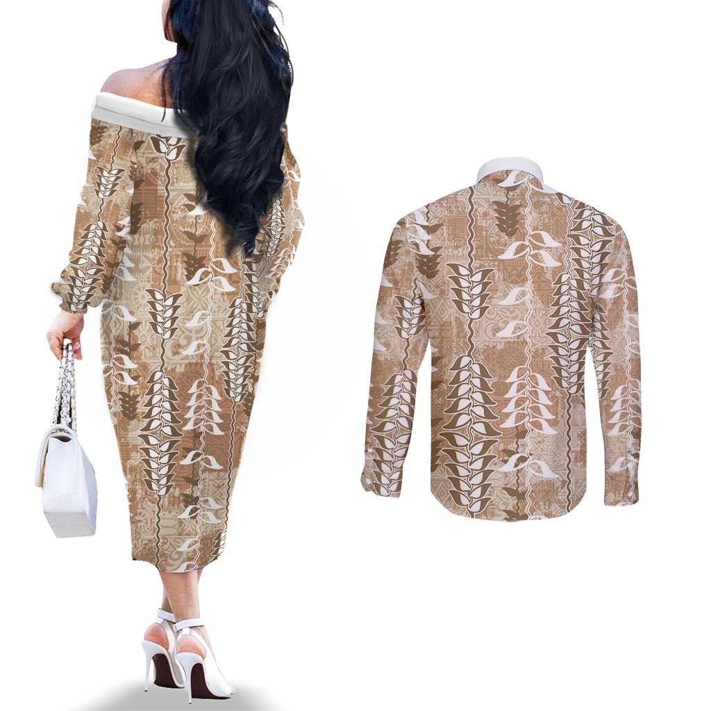 Beige Hawaii Tapa Pattern Couples Matching Off The Shoulder Long Sleeve Dress and Long Sleeve Button Shirt With Heliconia Vintage Style