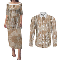 Beige Hawaii Tapa Pattern Couples Matching Puletasi and Long Sleeve Button Shirt With Heliconia Vintage Style