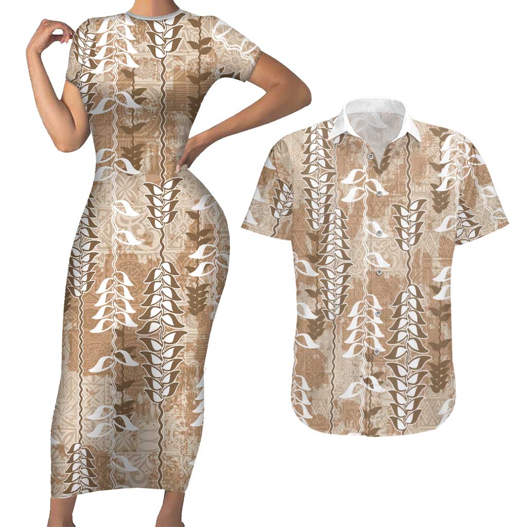 Beige Hawaii Tapa Pattern Couples Matching Short Sleeve Bodycon Dress and Hawaiian Shirt With Heliconia Vintage Style