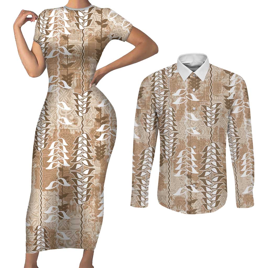 Beige Hawaii Tapa Pattern Couples Matching Short Sleeve Bodycon Dress and Long Sleeve Button Shirt With Heliconia Vintage Style LT05 Beige - Polynesian Pride