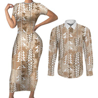Beige Hawaii Tapa Pattern Couples Matching Short Sleeve Bodycon Dress and Long Sleeve Button Shirt With Heliconia Vintage Style LT05 Beige - Polynesian Pride