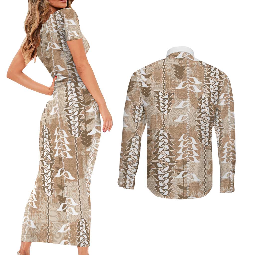 Beige Hawaii Tapa Pattern Couples Matching Short Sleeve Bodycon Dress and Long Sleeve Button Shirt With Heliconia Vintage Style LT05 - Polynesian Pride