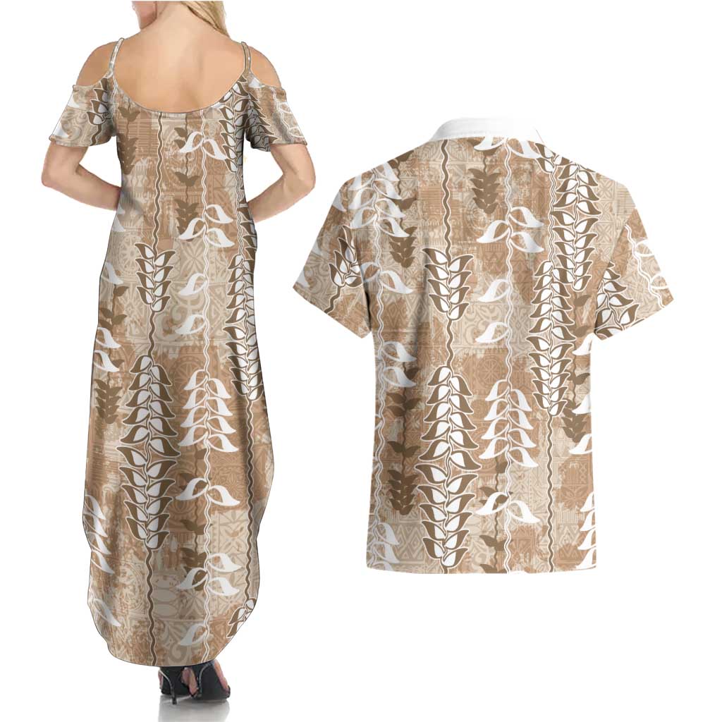 Beige Hawaii Tapa Pattern Couples Matching Summer Maxi Dress and Hawaiian Shirt With Heliconia Vintage Style