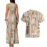 Beige Hawaii Tapa Pattern Couples Matching Tank Maxi Dress and Hawaiian Shirt With Heliconia Vintage Style