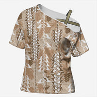 Beige Hawaii Tapa Pattern Cross Shoulder Shirt With Heliconia Vintage Style