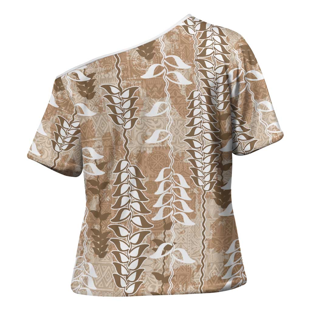 Beige Hawaii Tapa Pattern Cross Shoulder Shirt With Heliconia Vintage Style