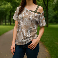 Beige Hawaii Tapa Pattern Cross Shoulder Shirt With Heliconia Vintage Style