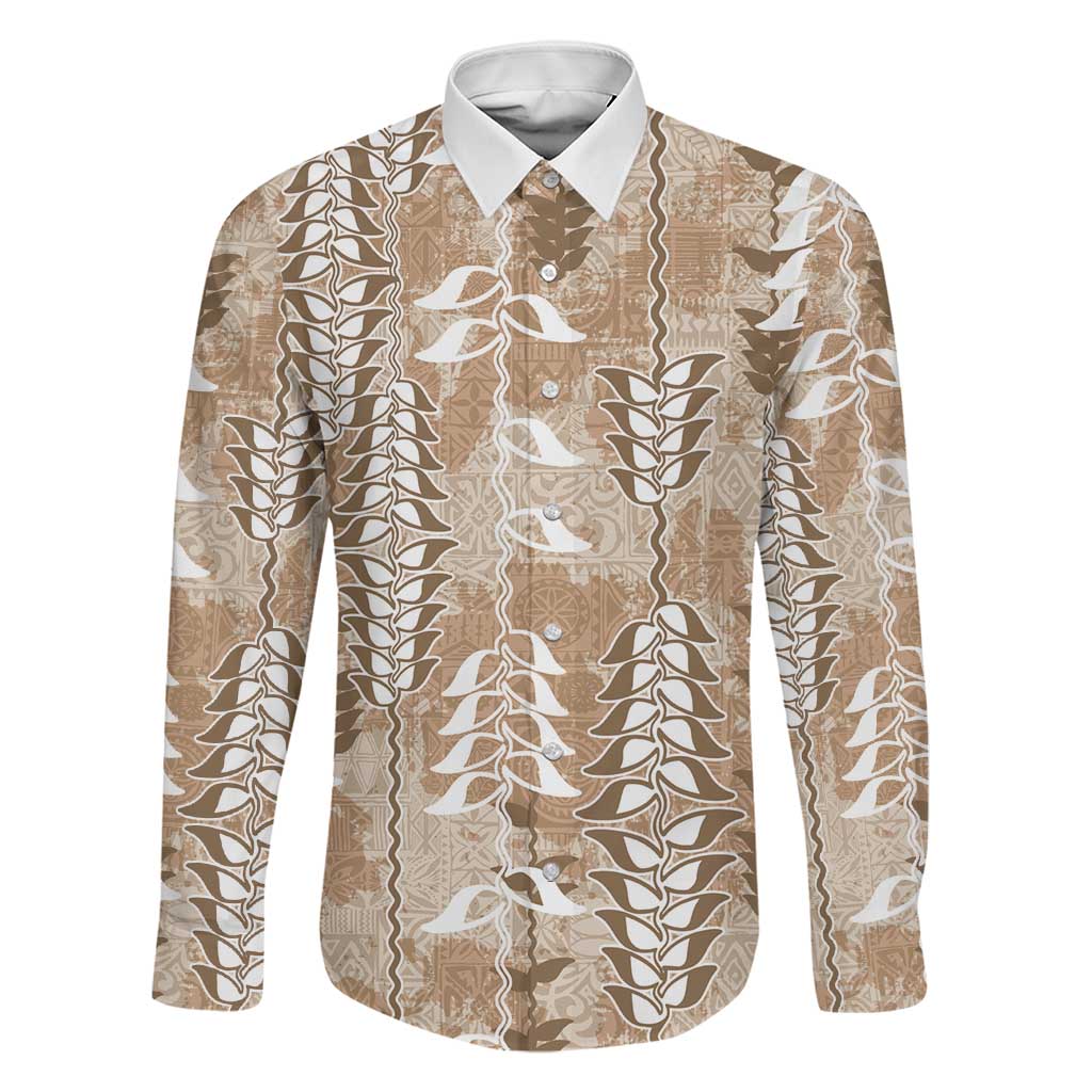 Beige Hawaii Tapa Pattern Family Matching Mermaid Dress and Hawaiian Shirt With Heliconia Vintage Style LT05 Dad's Shirt - Long Sleeve Beige - Polynesian Pride