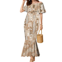 Beige Hawaii Tapa Pattern Family Matching Mermaid Dress and Hawaiian Shirt With Heliconia Vintage Style LT05 Mom's Dress Beige - Polynesian Pride