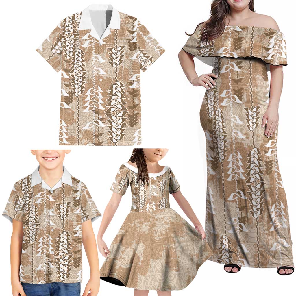 Beige Hawaii Tapa Pattern Family Matching Off Shoulder Maxi Dress and Hawaiian Shirt With Heliconia Vintage Style LT05 - Polynesian Pride