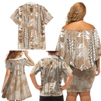 Beige Hawaii Tapa Pattern Family Matching Off Shoulder Short Dress and Hawaiian Shirt With Heliconia Vintage Style LT05 - Polynesian Pride