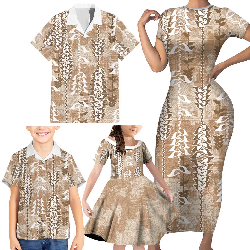 Beige Hawaii Tapa Pattern Family Matching Short Sleeve Bodycon Dress and Hawaiian Shirt With Heliconia Vintage Style