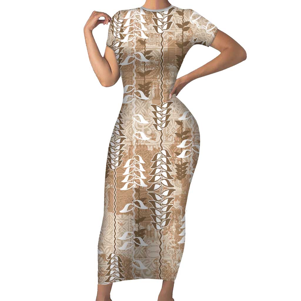 Beige Hawaii Tapa Pattern Family Matching Short Sleeve Bodycon Dress and Hawaiian Shirt With Heliconia Vintage Style LT05 Mom's Dress Beige - Polynesian Pride