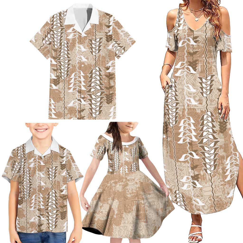 Beige Hawaii Tapa Pattern Family Matching Summer Maxi Dress and Hawaiian Shirt With Heliconia Vintage Style LT05 - Polynesian Pride