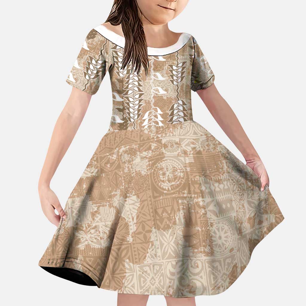 Beige Hawaii Tapa Pattern Family Matching Tank Maxi Dress and Hawaiian Shirt With Heliconia Vintage Style LT05 Daughter's Dress Beige - Polynesian Pride