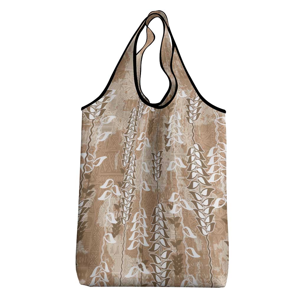 Beige Hawaii Tapa Pattern Grocery Bag With Heliconia Vintage Style
