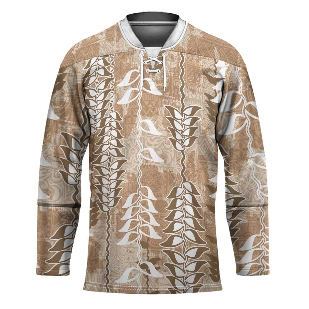 Beige Hawaii Tapa Pattern Hockey Jersey With Heliconia Vintage Style