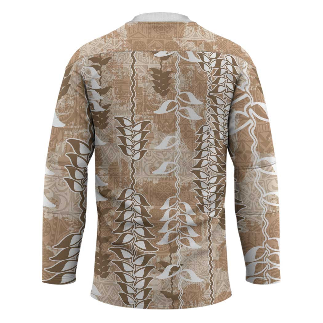 Beige Hawaii Tapa Pattern Hockey Jersey With Heliconia Vintage Style