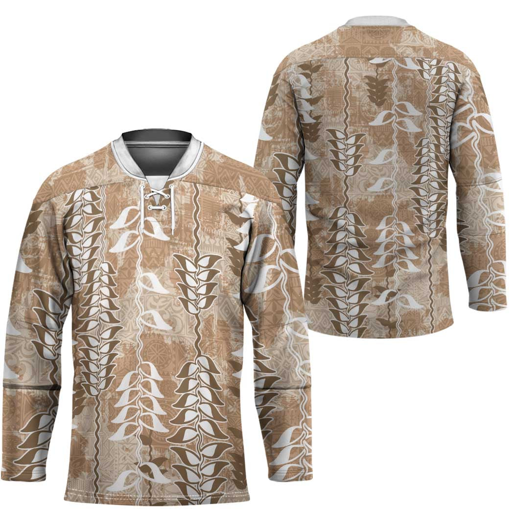 Beige Hawaii Tapa Pattern Hockey Jersey With Heliconia Vintage Style