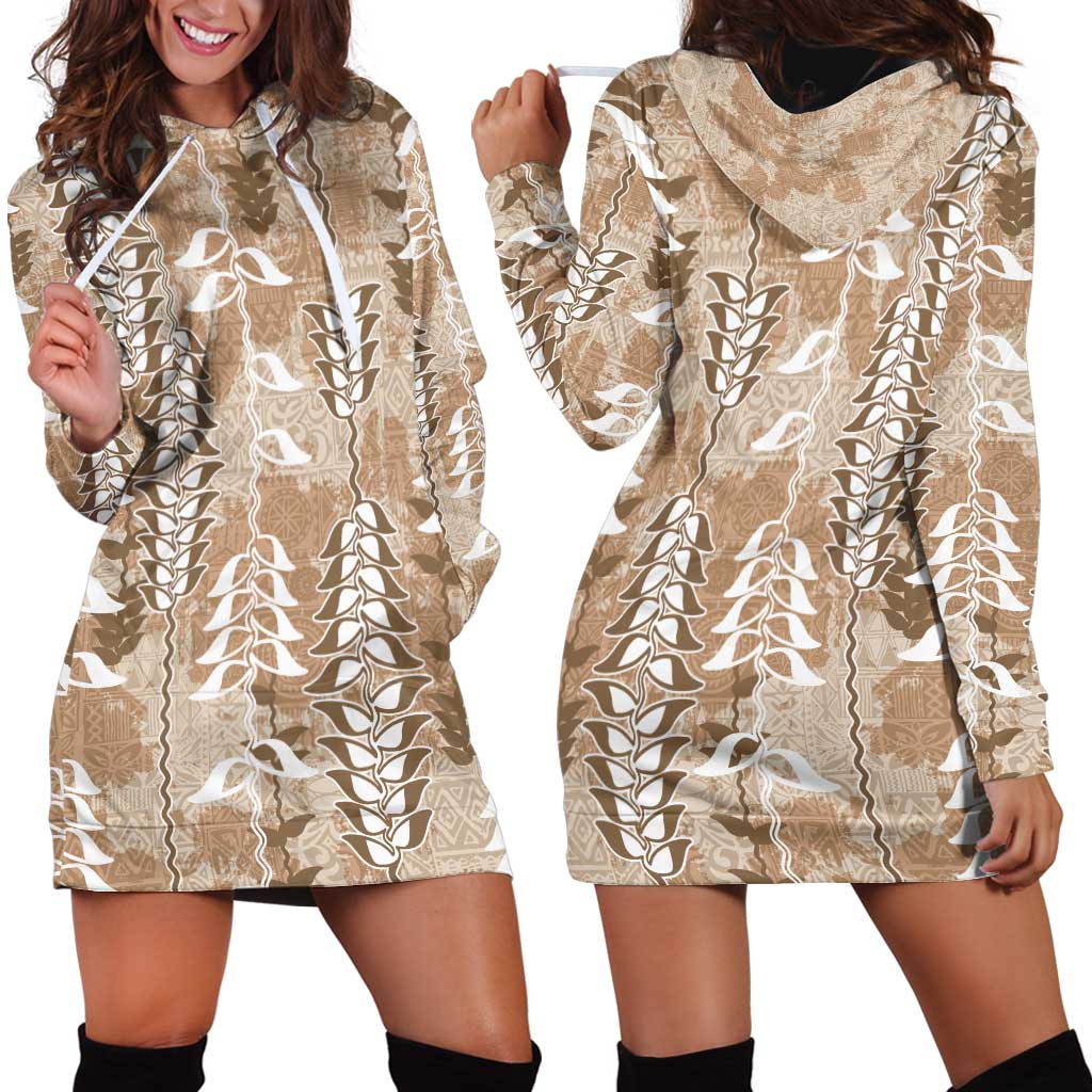 Beige Hawaii Tapa Pattern Hoodie Dress With Heliconia Vintage Style