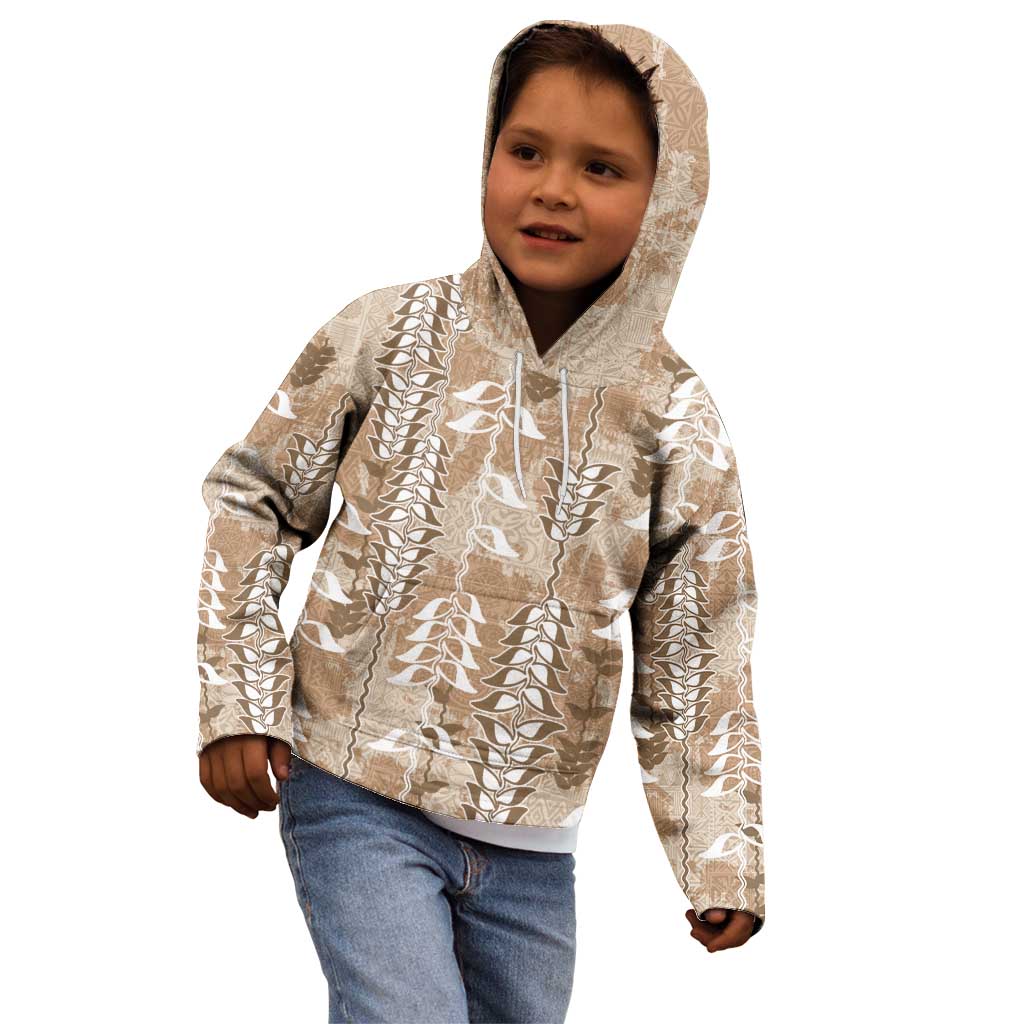 Beige Hawaii Tapa Pattern Kid Hoodie With Heliconia Vintage Style