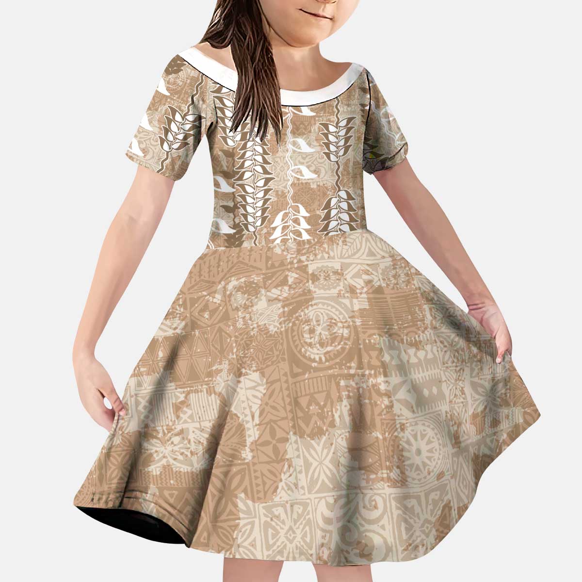 Beige Hawaii Tapa Pattern Kid Short Sleeve Dress With Heliconia Vintage Style