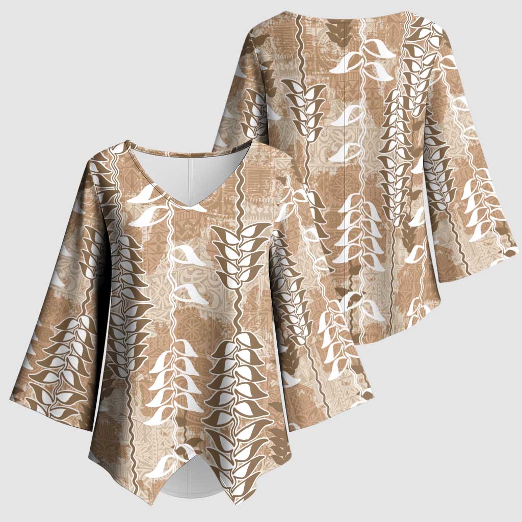 Beige Hawaii Tapa Pattern Kimono Sleeve Blouse With Heliconia Vintage Style