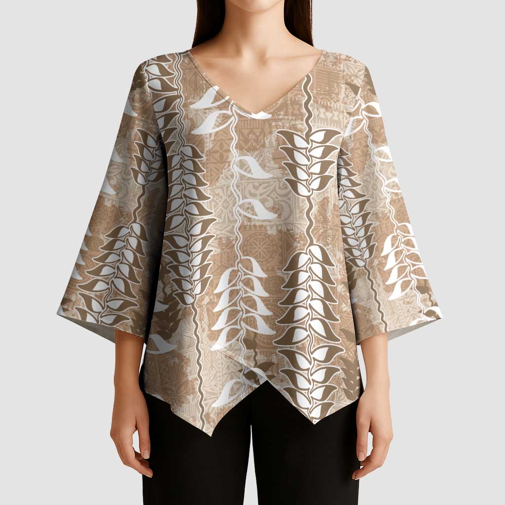 Beige Hawaii Tapa Pattern Kimono Sleeve Blouse With Heliconia Vintage Style